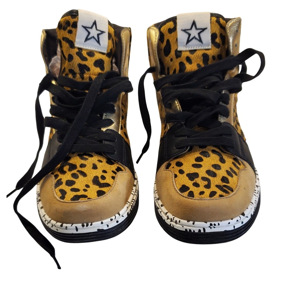 Steve Madden Freethrow-L Leopard Calf Hair High Top Sneakers Gold Black 9.5